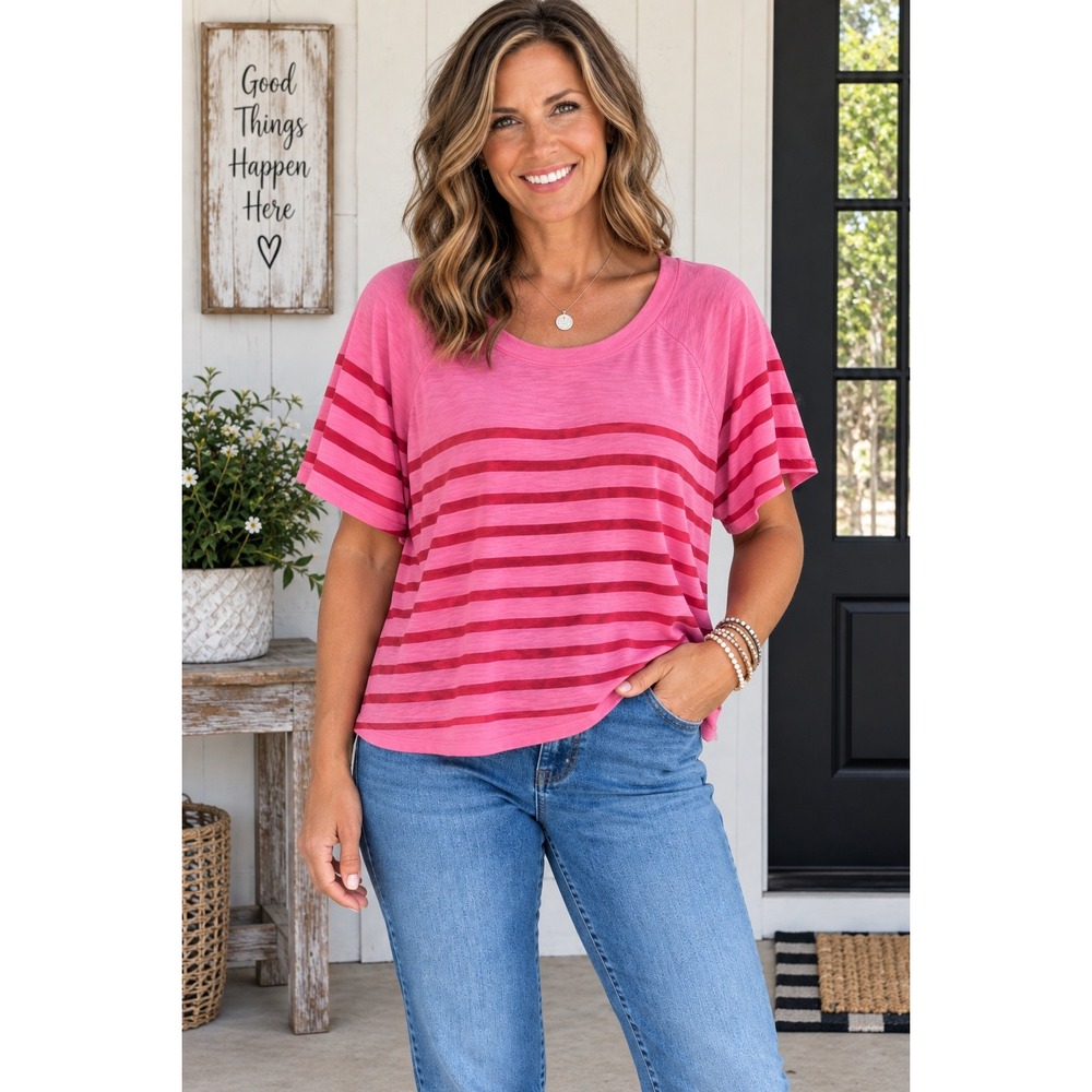 24/7 by Maurices Pink Red Striped Slub Knit Raglan T-Shirt XXL